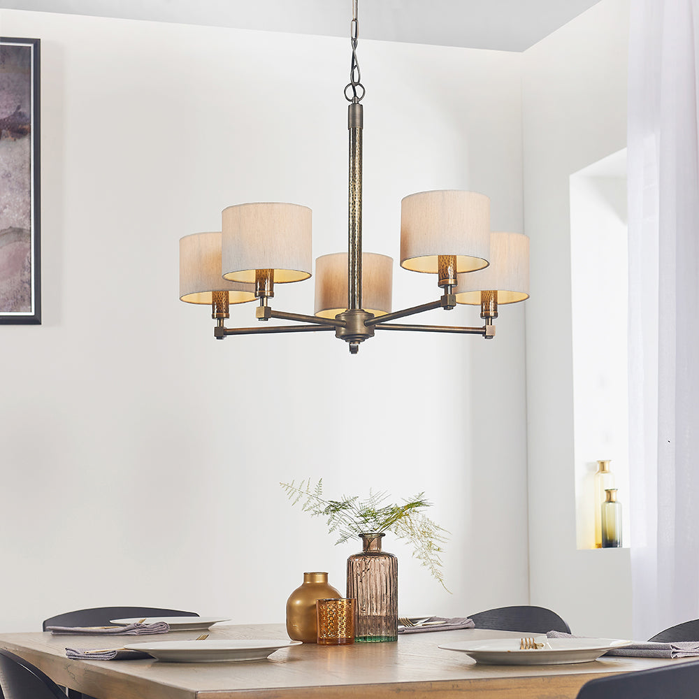 Endon Lighting 71345 Indara 5Lt Pendant Hammered Bronze Plate & Natural Linen Mix Fabric