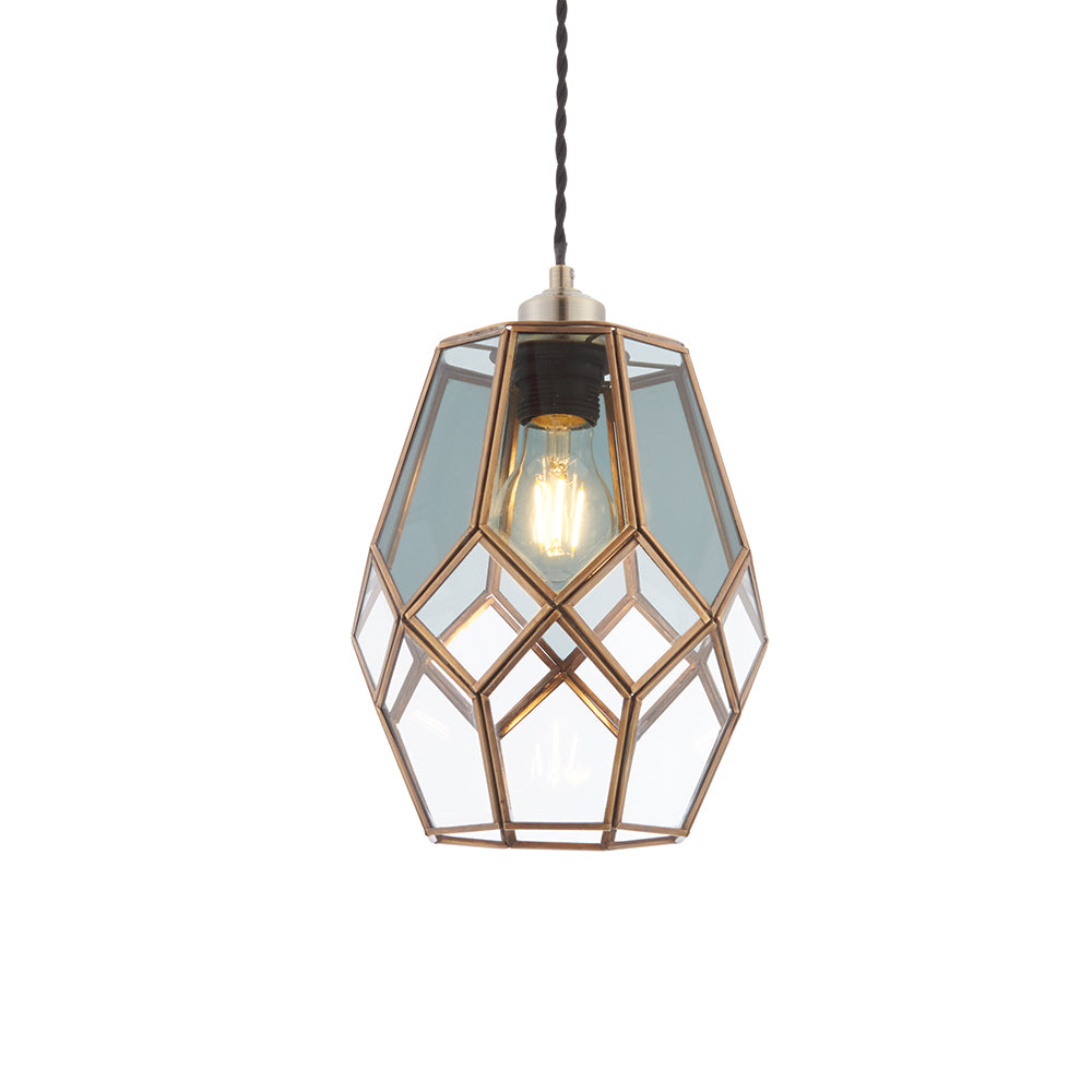 Endon Lighting 73296 Ripley 1Lt Pendant Antique Solid Brass & Clear/Smoked Glass