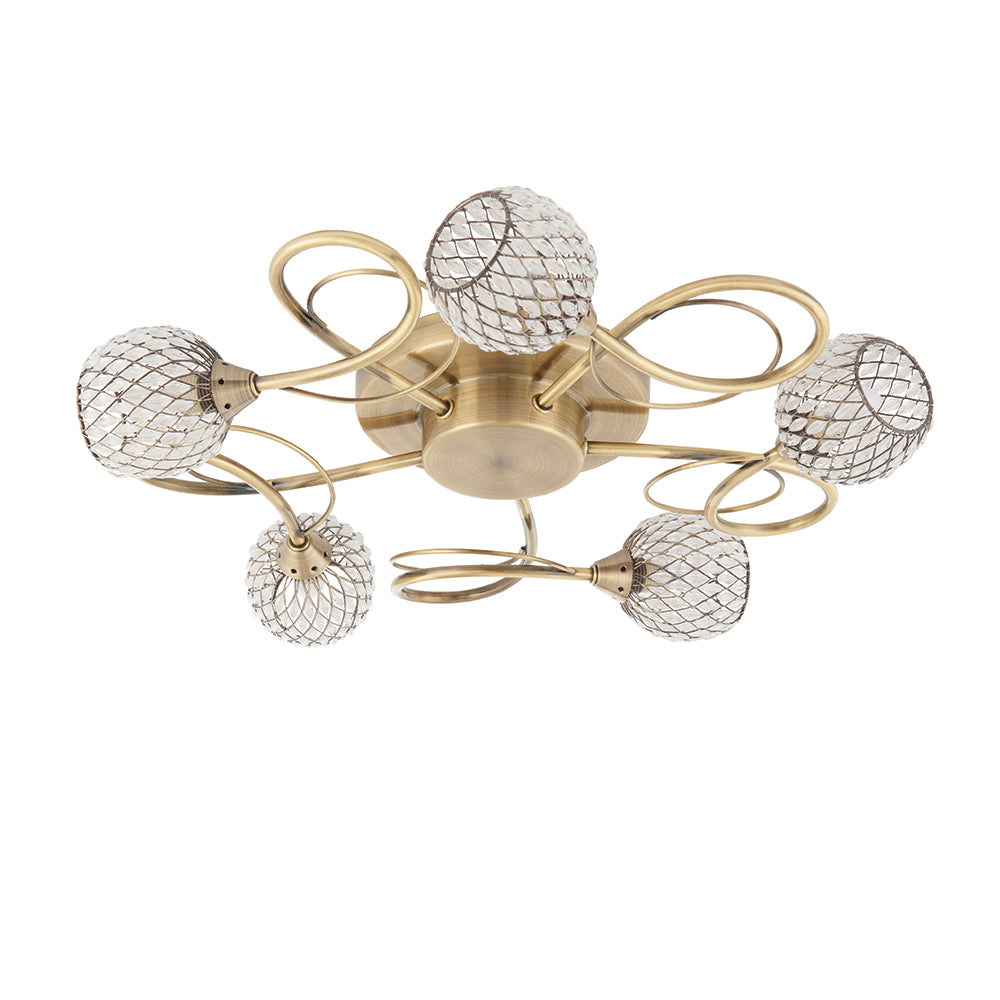 Endon Lighting 73757 Aherne 5Lt Semi Flush Antique Brass Plate With Clear Glass & Brass Wire