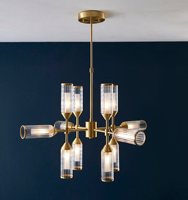 Ribbed and frosted glass satin brass pendant