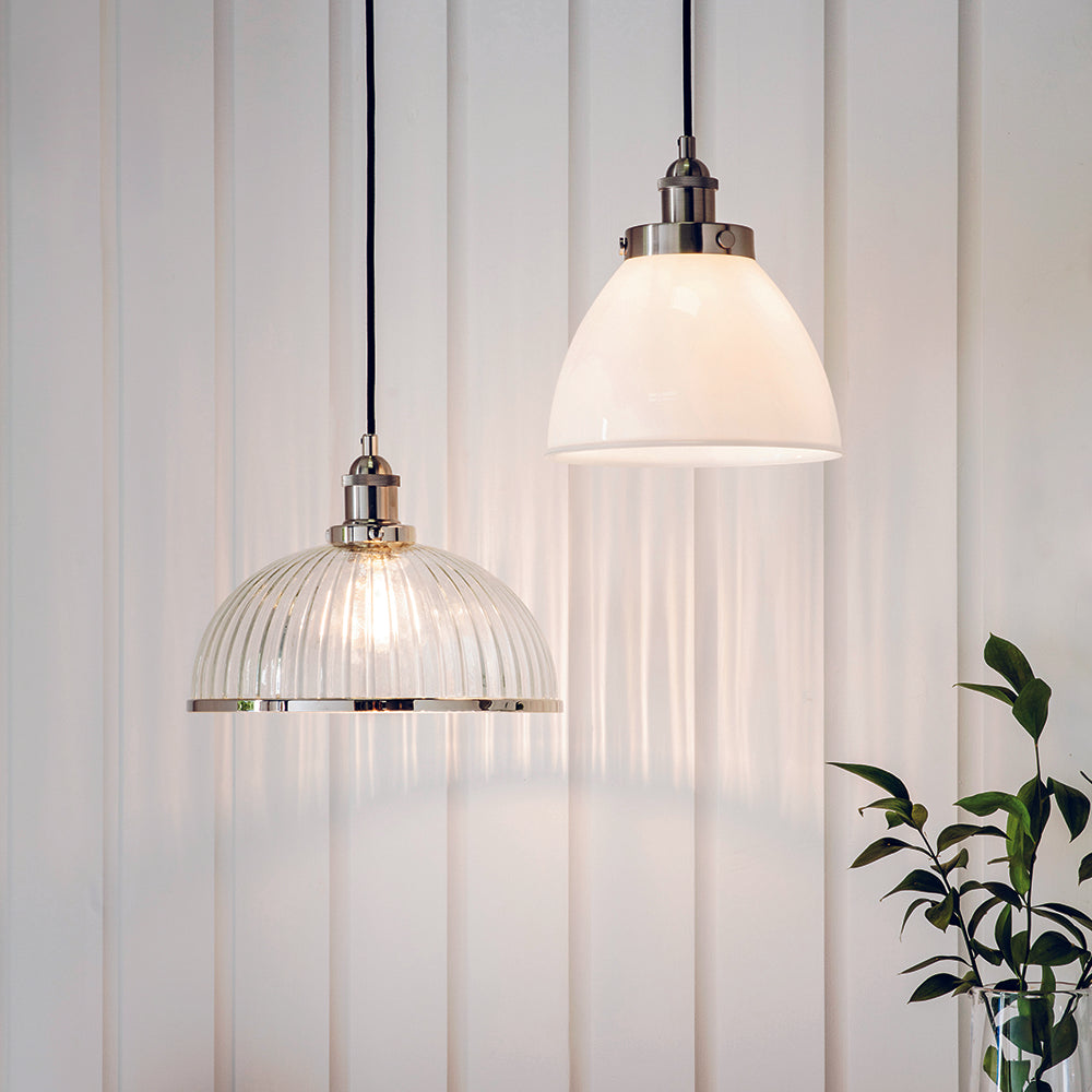 Endon Lighting 76713 Hansen 1Lt Pendant Bright Nickel Plate & Clear Ribbed Glass