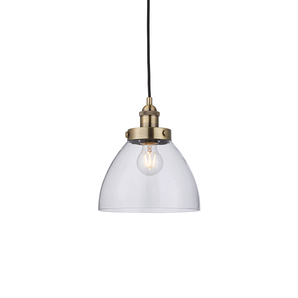 Endon Lighting 77272 Hansen 1Lt Pendant Antique Brass Plate & Clear Glass