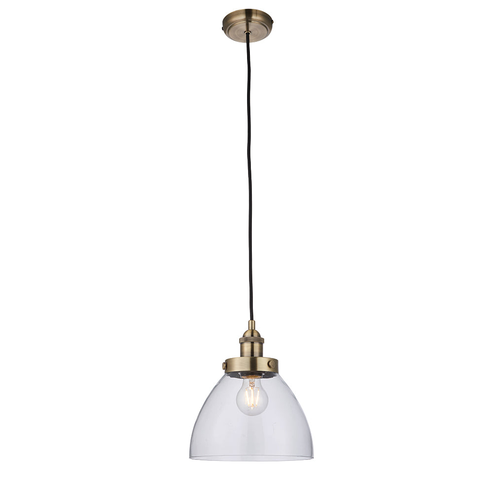 Endon Lighting 77272 Hansen 1Lt Pendant Antique Brass Plate & Clear Glass