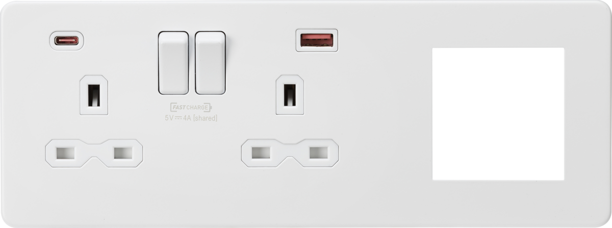 Screwless 13A 2G DP Socket with USB Fastcharge + 2G Modular Combination Plate - Matt White