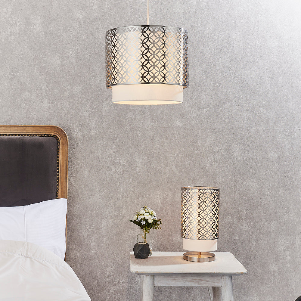 Endon Lighting 78726 Gilli 1Lt Pendant Satin Nickel Plate & Vintage White Linen