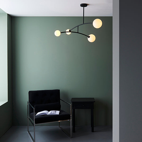 Black ceiling light with 4 opal glass shades
