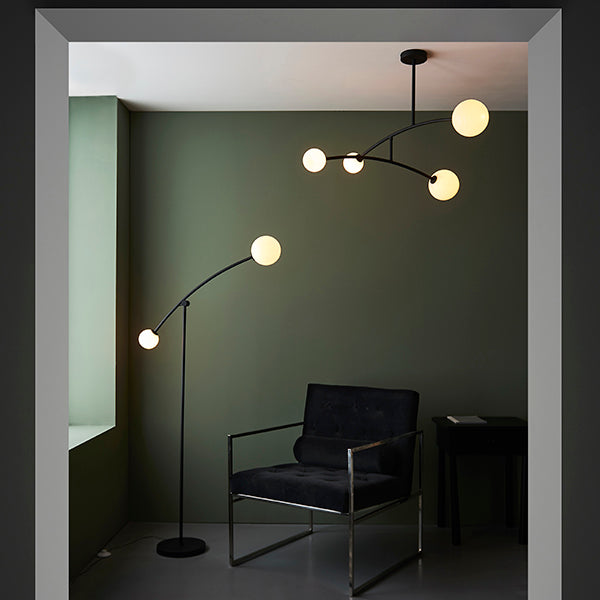 Black ceiling light with 4 opal glass shades