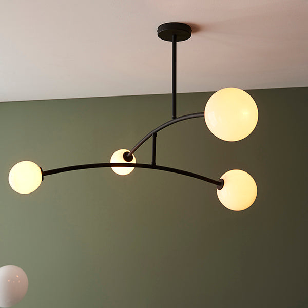 Black ceiling light with 4 opal glass shades