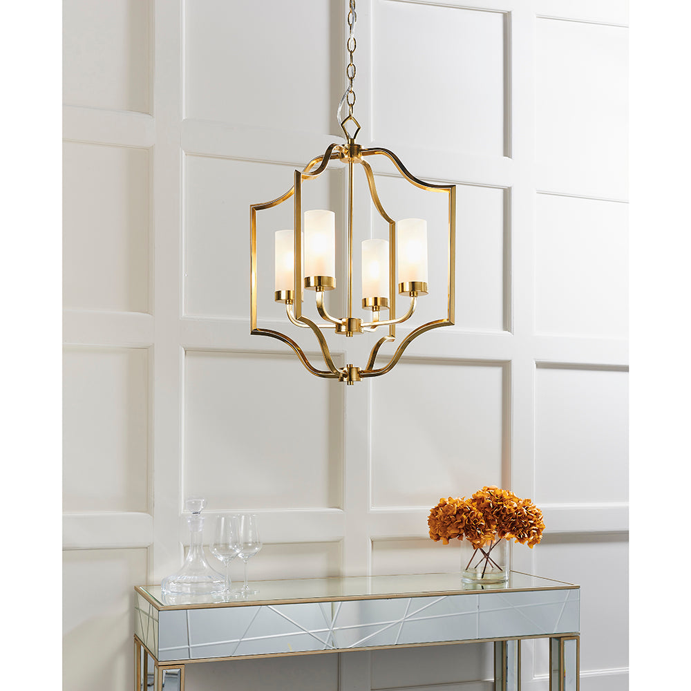 Endon Lighting 81914 Edrea 4Lt Pendant Satin Brass Plate & Frosted Glass