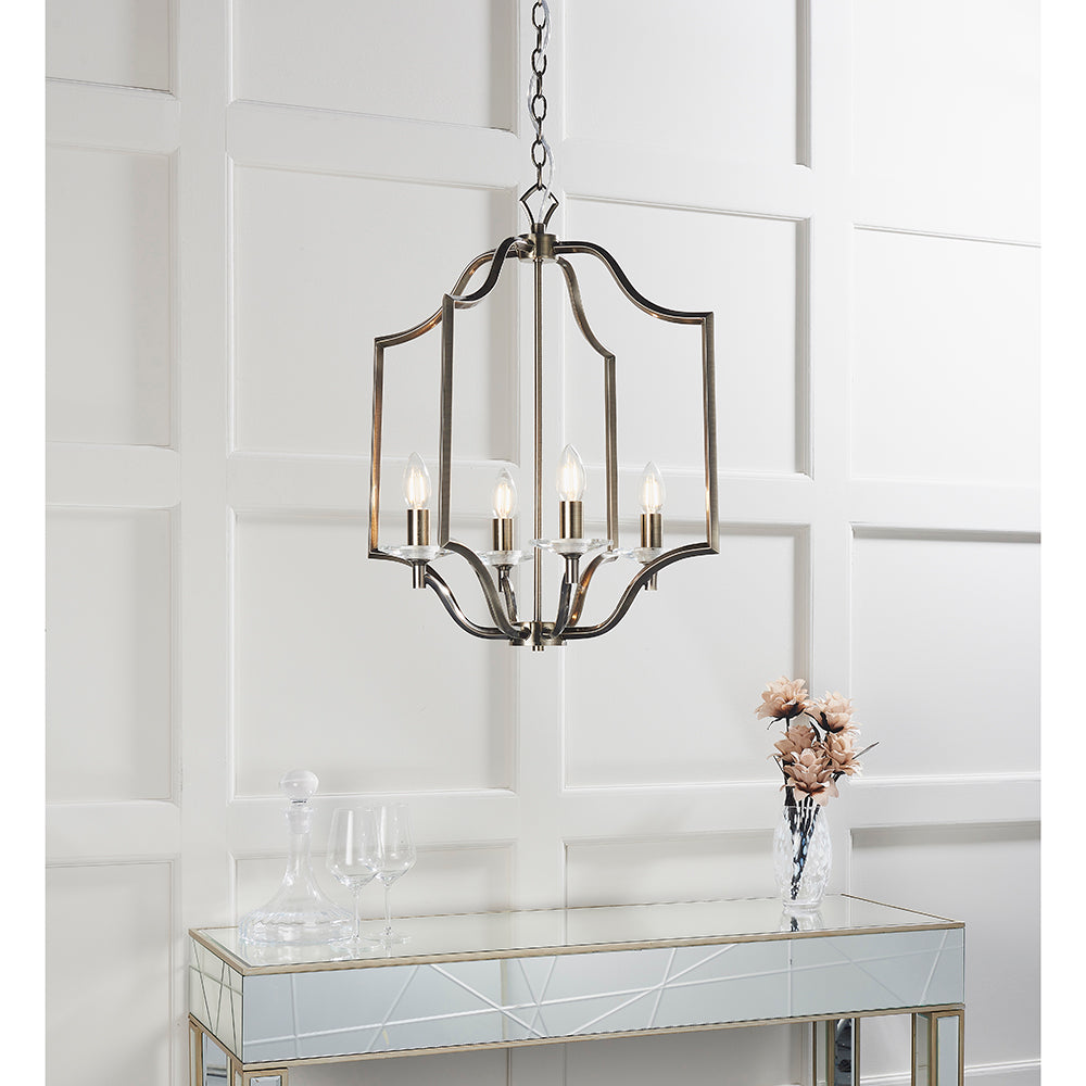 Endon Lighting 81916 Lainey 4Lt Pendant Antique Brass Plate & Clear Crystal