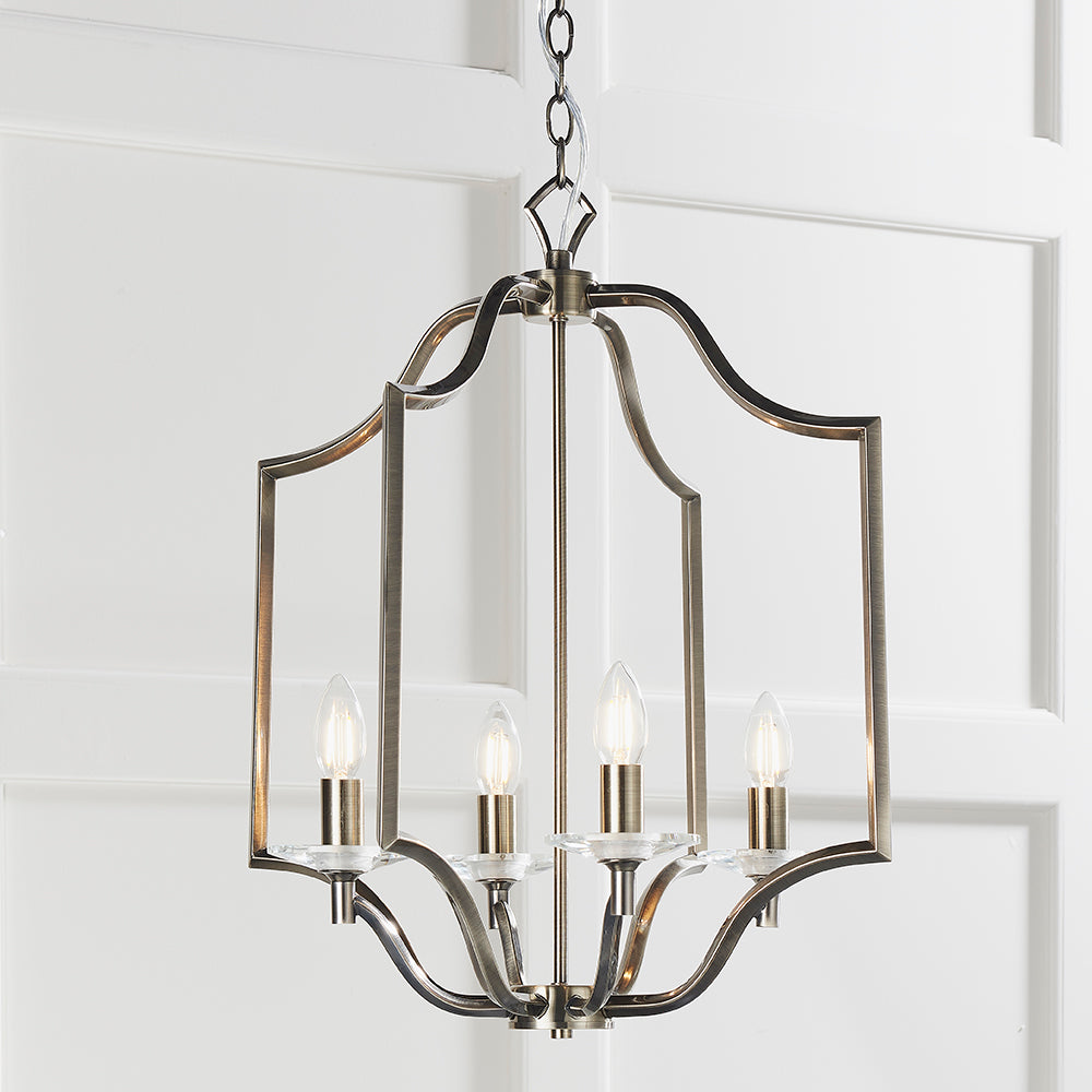 Endon Lighting 81916 Lainey 4Lt Pendant Antique Brass Plate & Clear Crystal