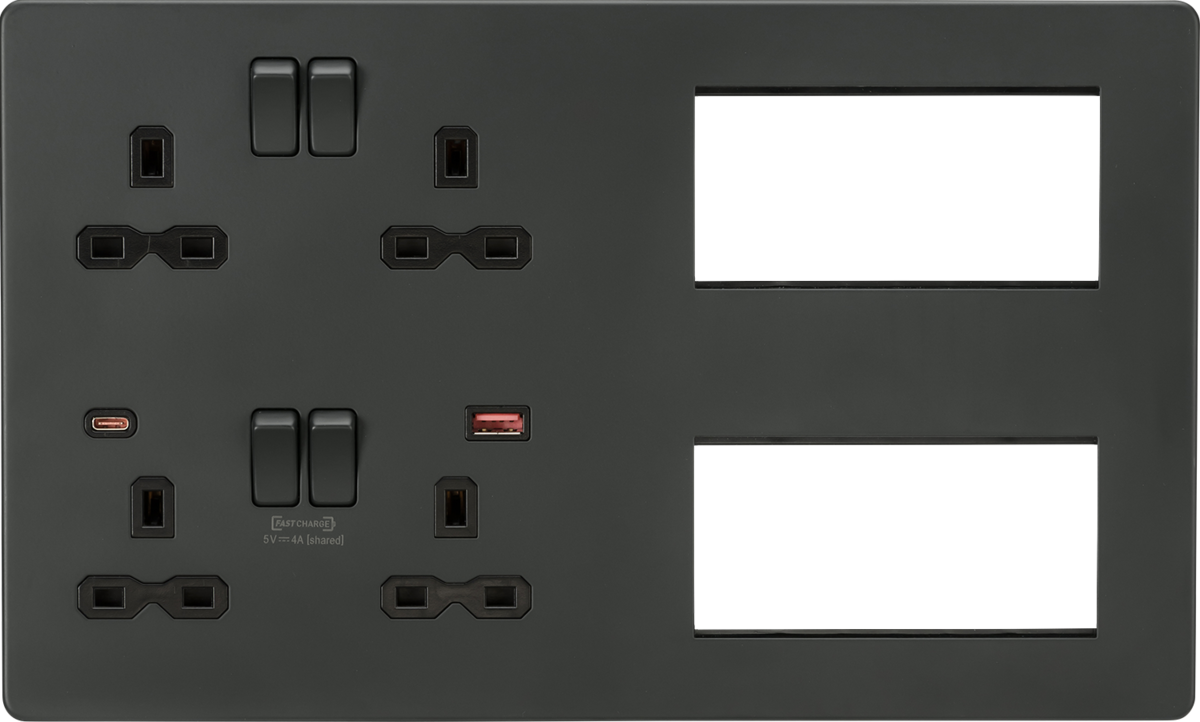 Screwless Combination Plate with Dual USB FASTCHARGE A+C - Anthracite