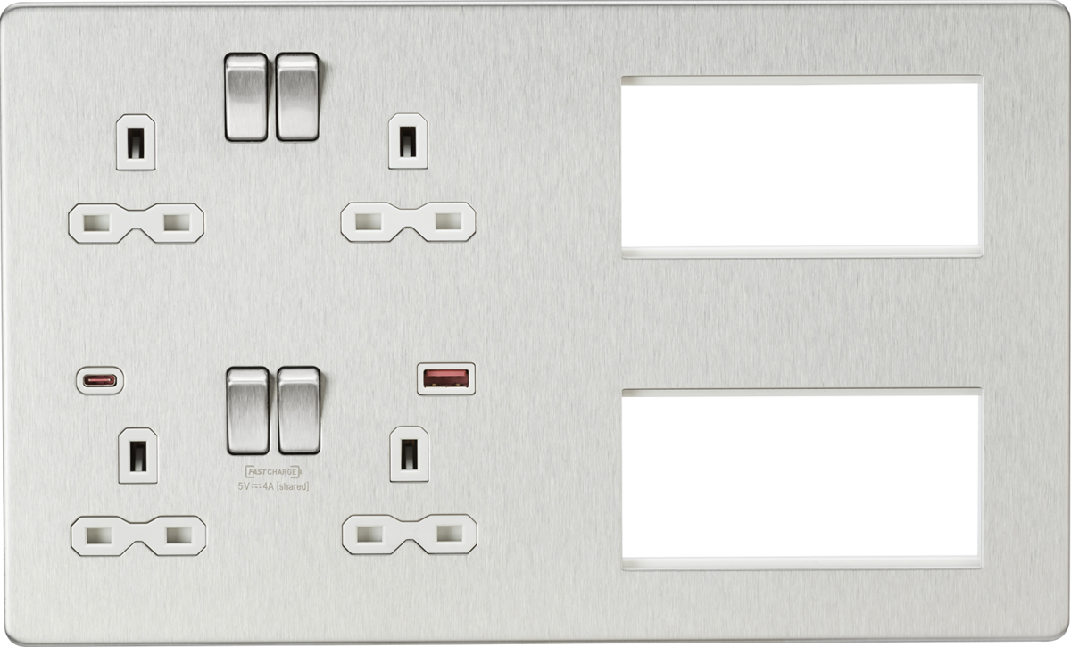 Screwless Combination Plate with Dual USB FASTCHARGE A+C - Brushed Chrome with white insert