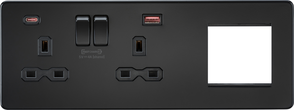 Screwless 13A 2G DP Socket with USB Fastcharge + 2G Modular Combination Plate - Matt Black