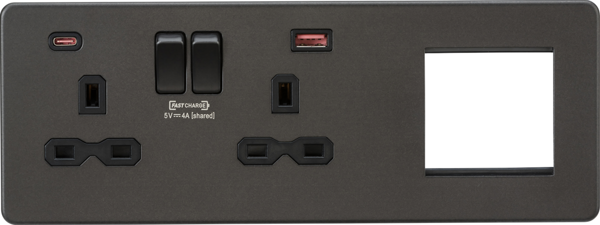 Screwless 13A 2G DP Socket with USB Fastcharge + 2G Modular Combination Plate - Smoked Bronze