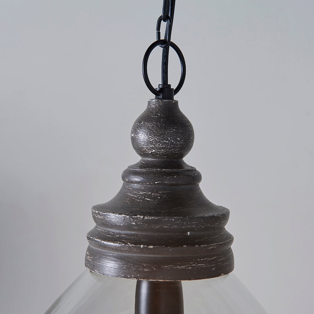 Endon Lighting 90575 Kerala 1Lt Pendant Taupe Grey Distressed Wood & Clear Glass
