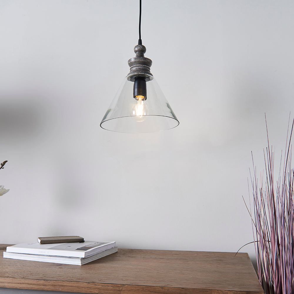 Endon Lighting 90576 Kerala 1Lt Pendant Taupe Grey Distressed Wood & Clear Glass