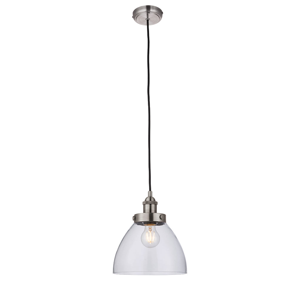 Endon Lighting 91738 Hansen 1Lt Pendant Brushed Silver Paint & Clear Glass