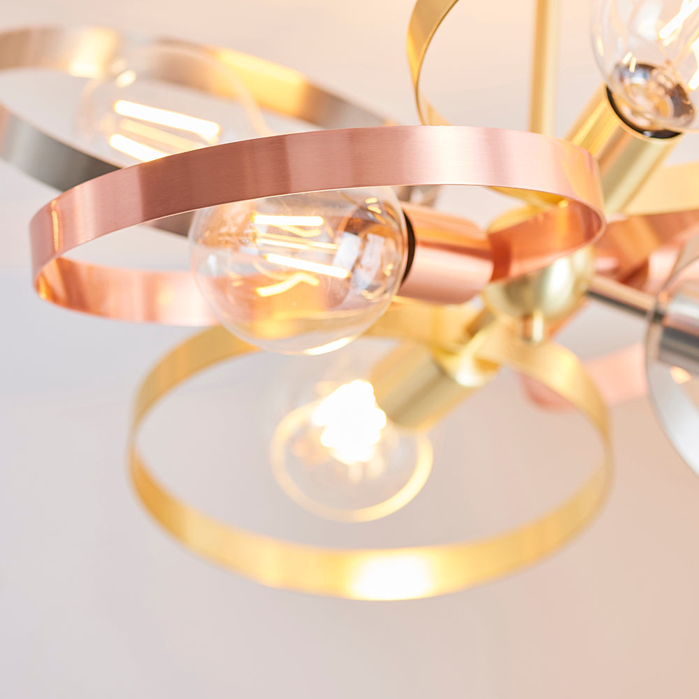 Endon Lighting 91935 Hoop 6Lt Semi Flush Satin Brass & Brushed Copper Plate
