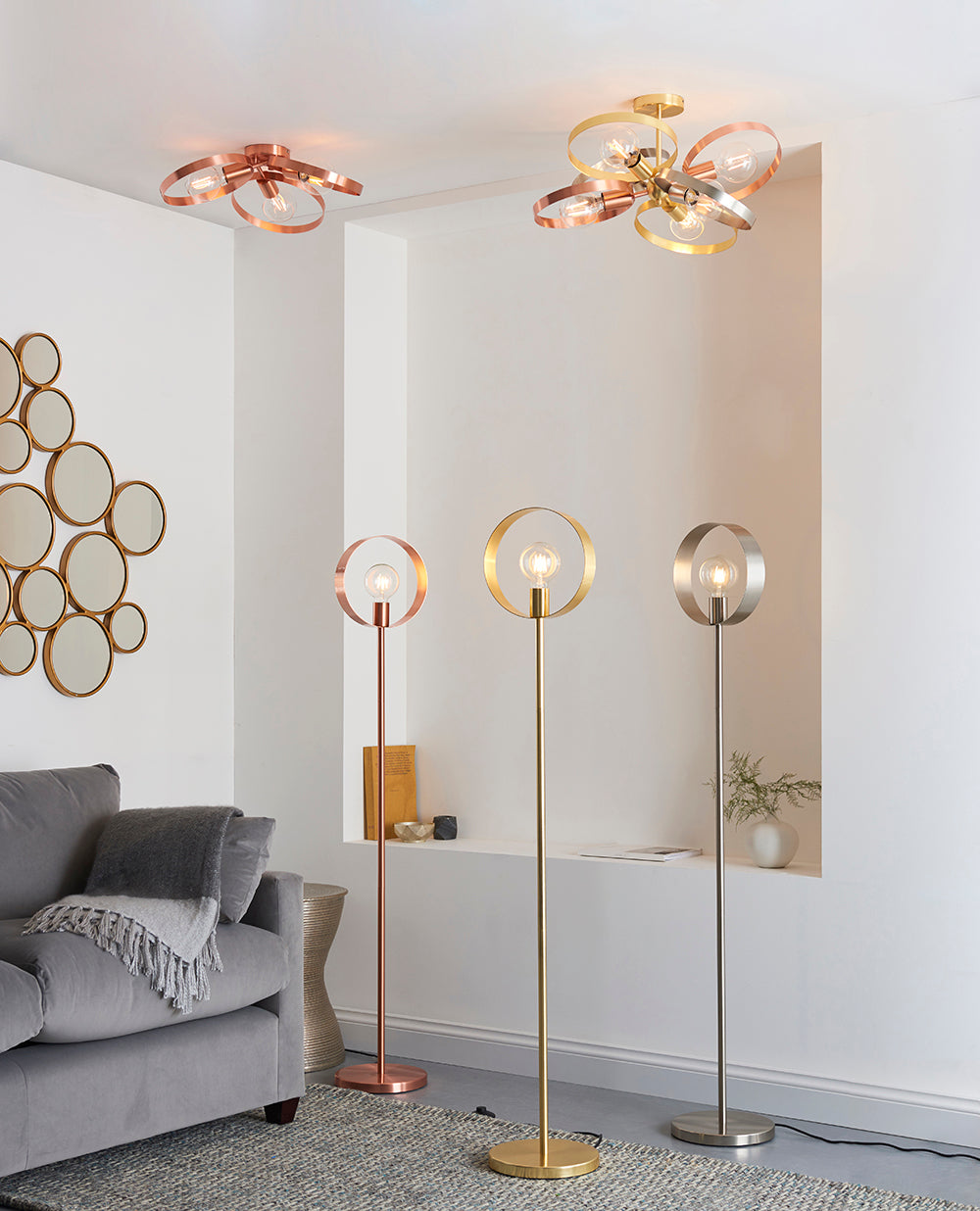 Endon Lighting 91935 Hoop 6Lt Semi Flush Satin Brass & Brushed Copper Plate