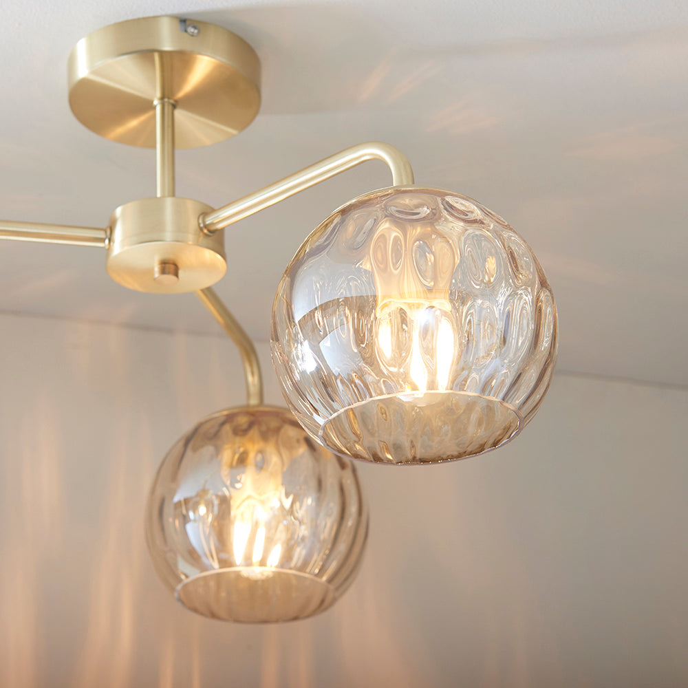 Endon Lighting 91968 Dimple 3Lt Semi Flush Satin Brass Plate & Champagne Lustre Glass