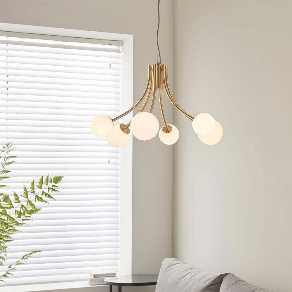 Endon Lighting 92217 Bloom 6Lt Pendant Satin Brass Plate & Opal Glass