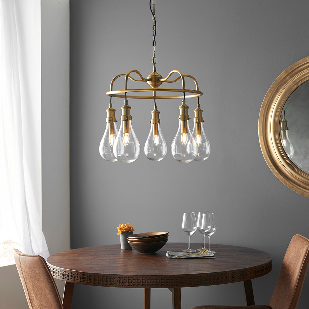 Endon Lighting 93152 Hadassa 5Lt Pendant Antique Brass Plate & Clear Glass