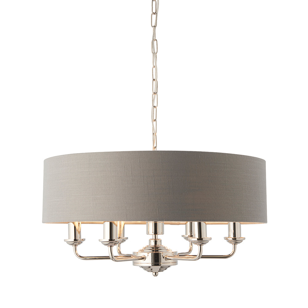 Endon Lighting 94373 Highclere 6Lt Pendant Bright Nickel Plate & Charcoal Fabric