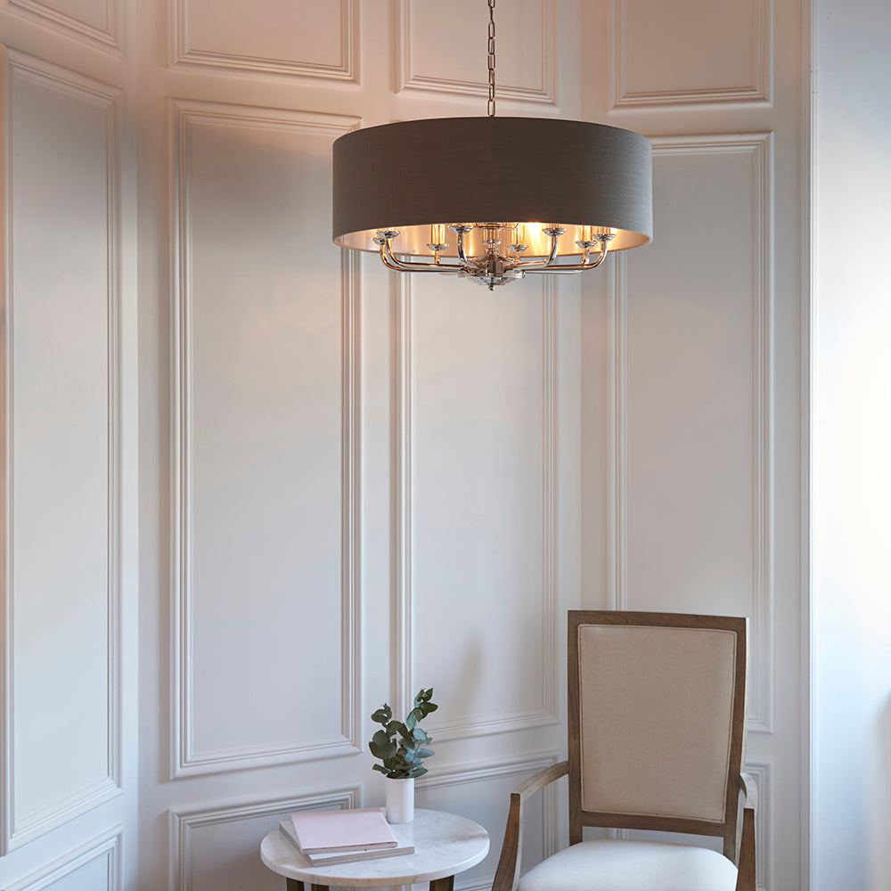 Endon Lighting 94373 Highclere 6Lt Pendant Bright Nickel Plate & Charcoal Fabric