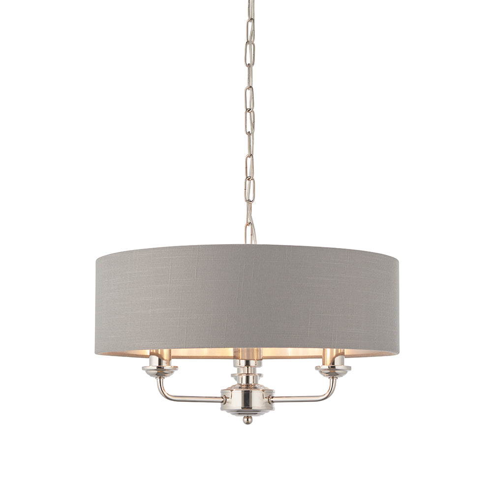 Endon Lighting 94377 Highclere 3Lt Pendant Bright Nickel Plate & Charcoal Fabric