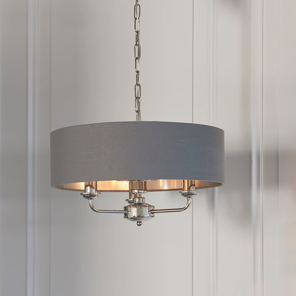 Endon Lighting 94377 Highclere 3Lt Pendant Bright Nickel Plate & Charcoal Fabric