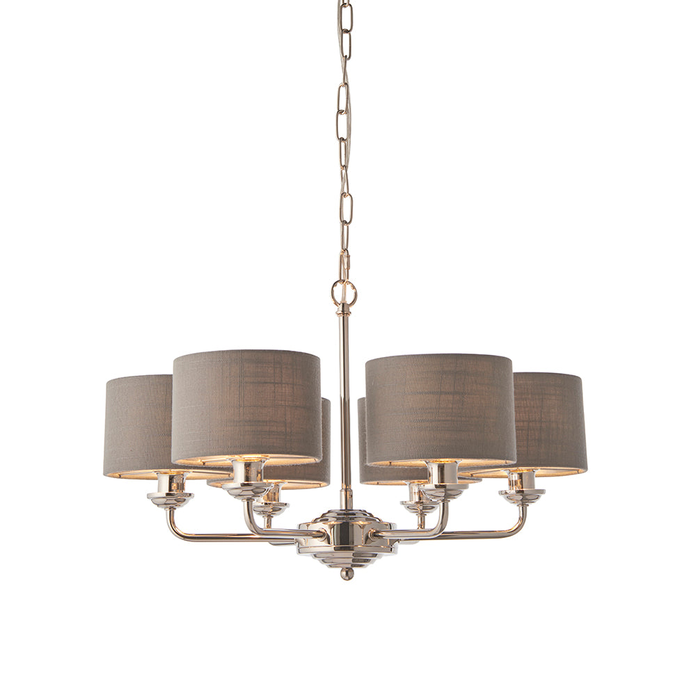 Endon Lighting 94381 Highclere 6Lt Pendant Bright Nickel Plate & Charcoal Fabric