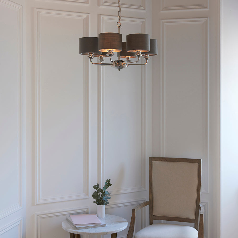 Endon Lighting 94381 Highclere 6Lt Pendant Bright Nickel Plate & Charcoal Fabric