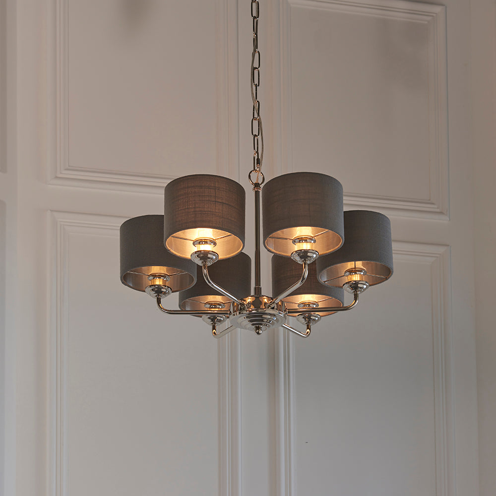 Endon Lighting 94381 Highclere 6Lt Pendant Bright Nickel Plate & Charcoal Fabric