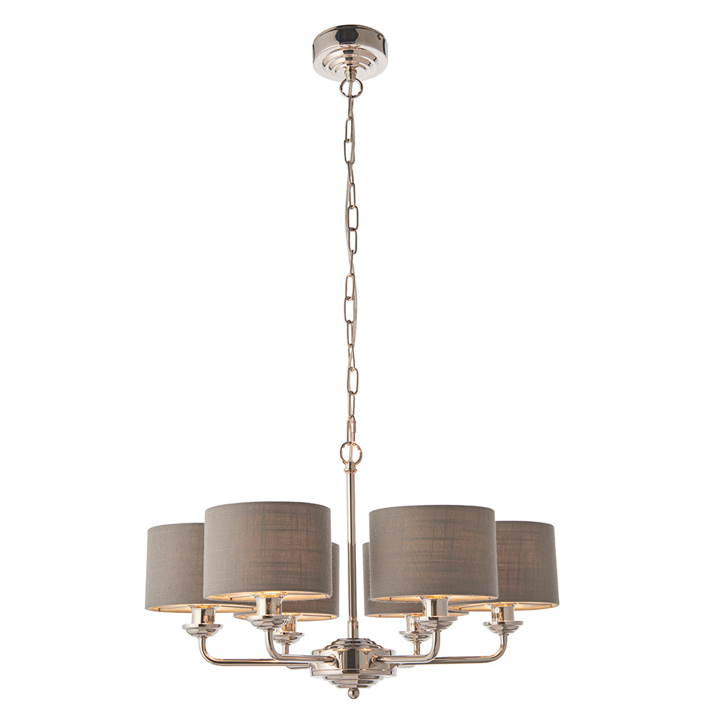 Endon Lighting 94381 Highclere 6Lt Pendant Bright Nickel Plate & Charcoal Fabric