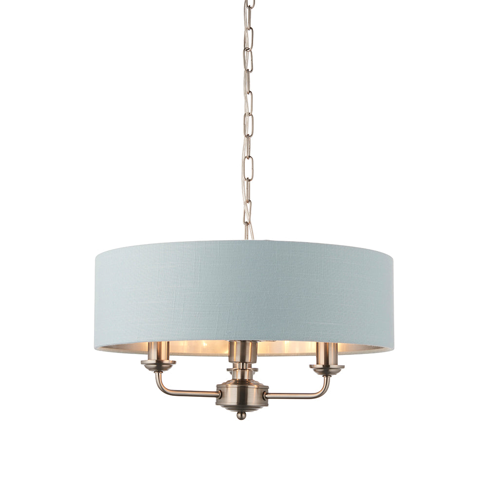 Endon Lighting 94385 Highclere 3Lt Pendant Brushed Chrome Plate & Duck Egg Fabric
