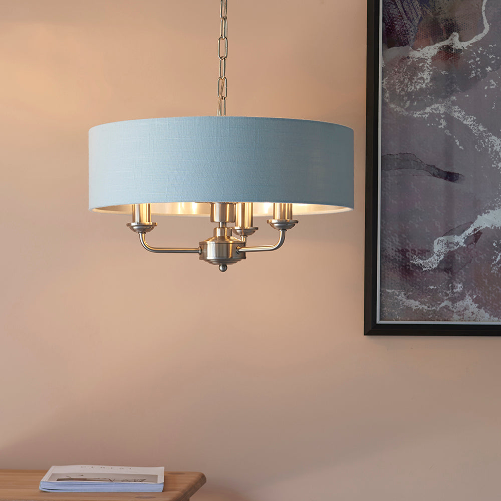 Endon Lighting 94385 Highclere 3Lt Pendant Brushed Chrome Plate & Duck Egg Fabric