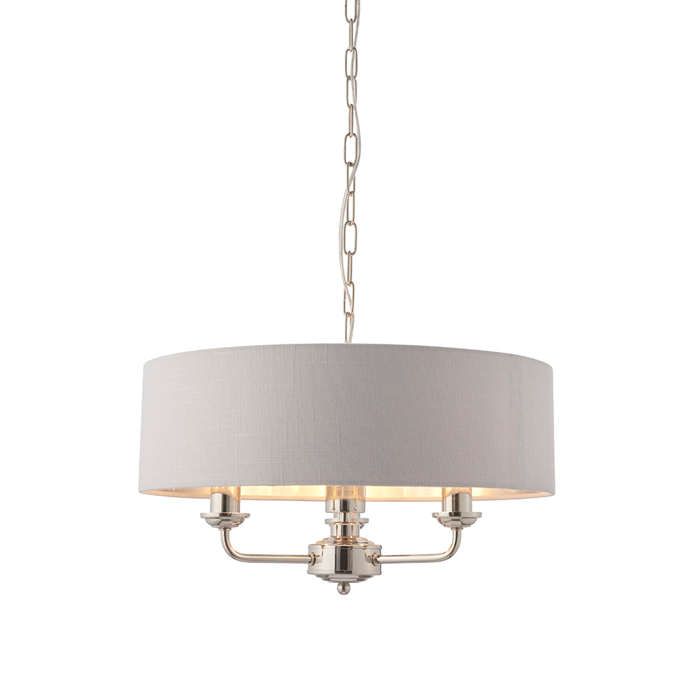 Endon Lighting 94388 Highclere 3Lt Pendant Bright Nickel Plate & Silver Fabric