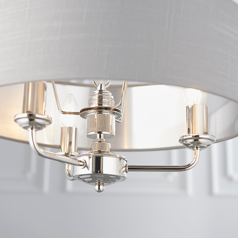 Endon Lighting 94388 Highclere 3Lt Pendant Bright Nickel Plate & Silver Fabric