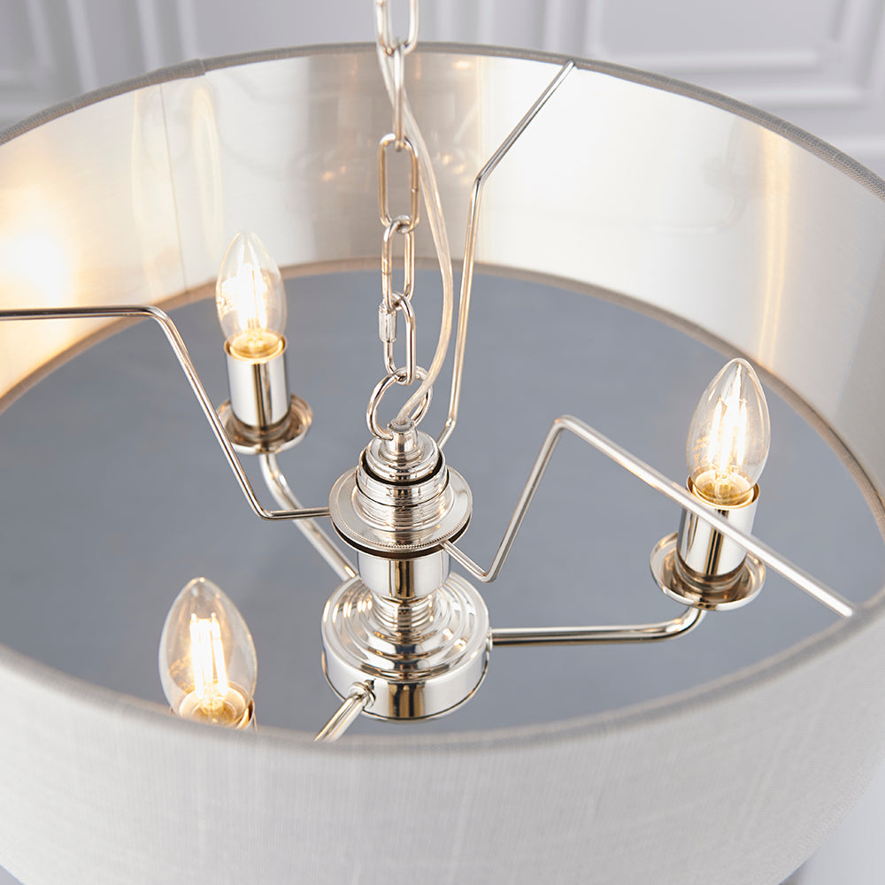 Endon Lighting 94388 Highclere 3Lt Pendant Bright Nickel Plate & Silver Fabric