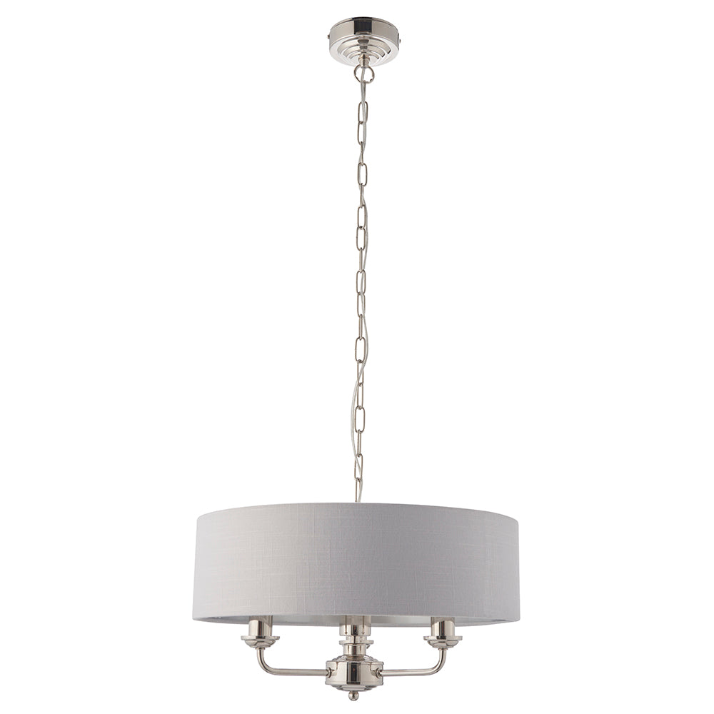 Endon Lighting 94388 Highclere 3Lt Pendant Bright Nickel Plate & Silver Fabric