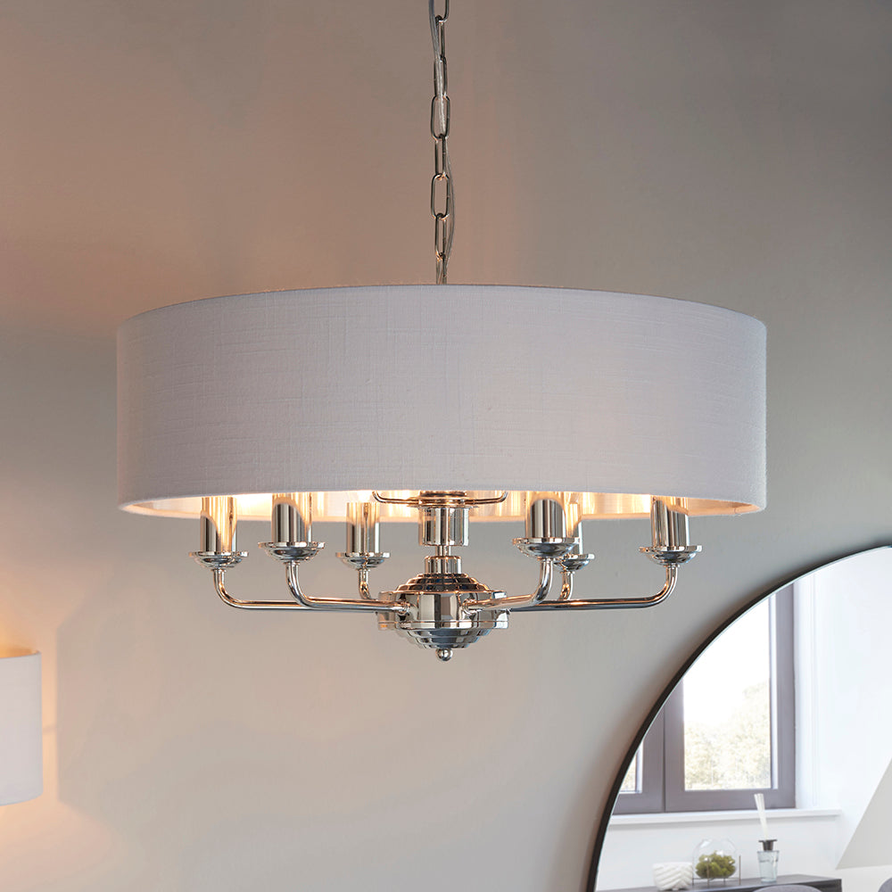 Endon Lighting 94392 Highclere 6Lt Pendant Bright Nickel Plate & Silver Fabric