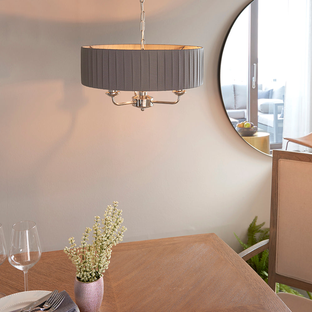 Endon Lighting 94394 Highclere 3Lt Pendant Bright Nickel Plate & Charcoal Fabric