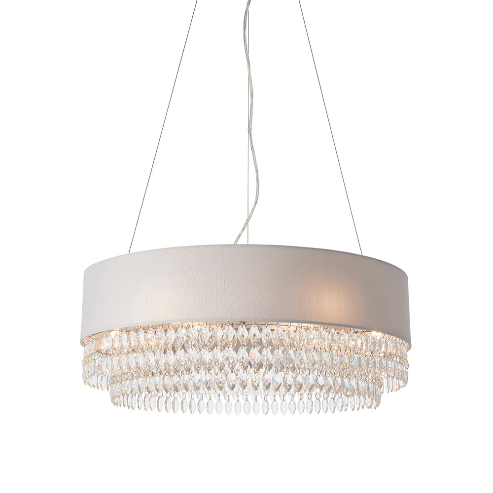 Endon Lighting 94396 Malmesbury 6Lt Pendant Silver Grey Fabric, Clear Glass & Chrome Plate