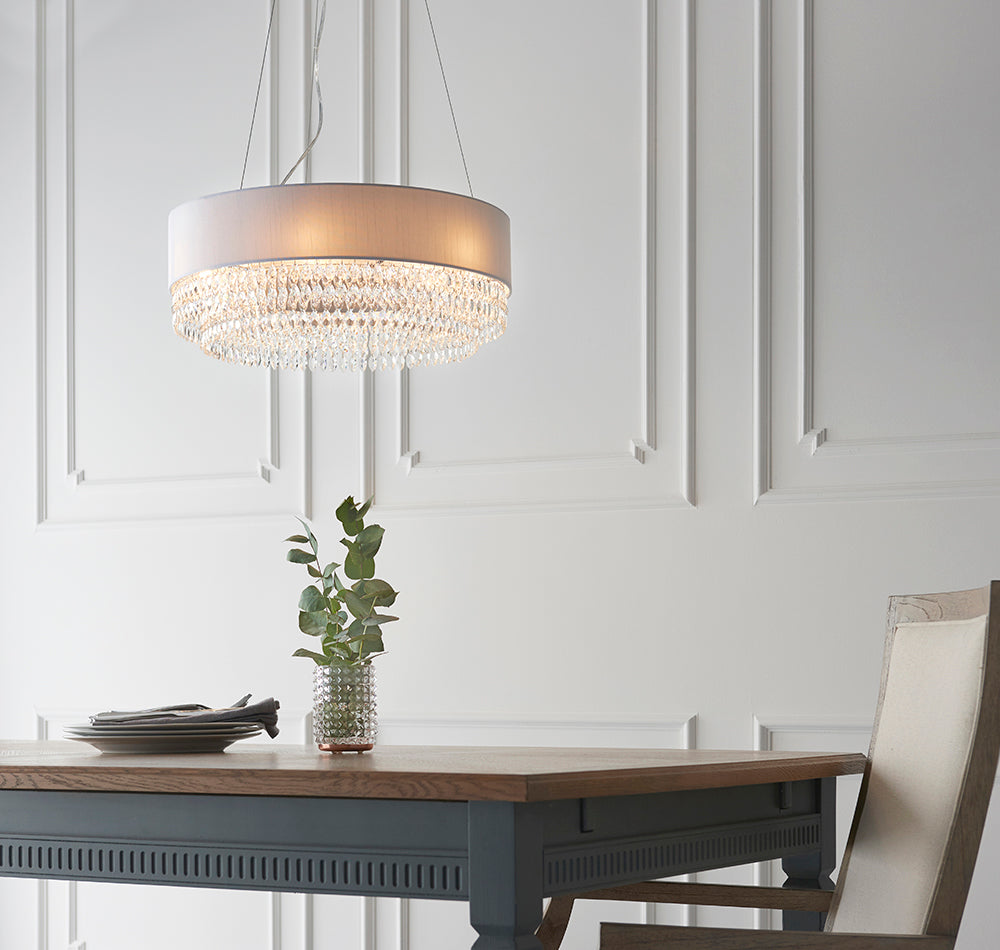 Endon Lighting 94396 Malmesbury 6Lt Pendant Silver Grey Fabric, Clear Glass & Chrome Plate