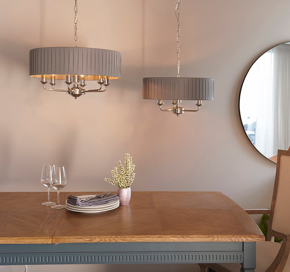 Endon Lighting 94397 Highclere 6Lt Pendant Bright Nickel Plate & Charcoal Fabric