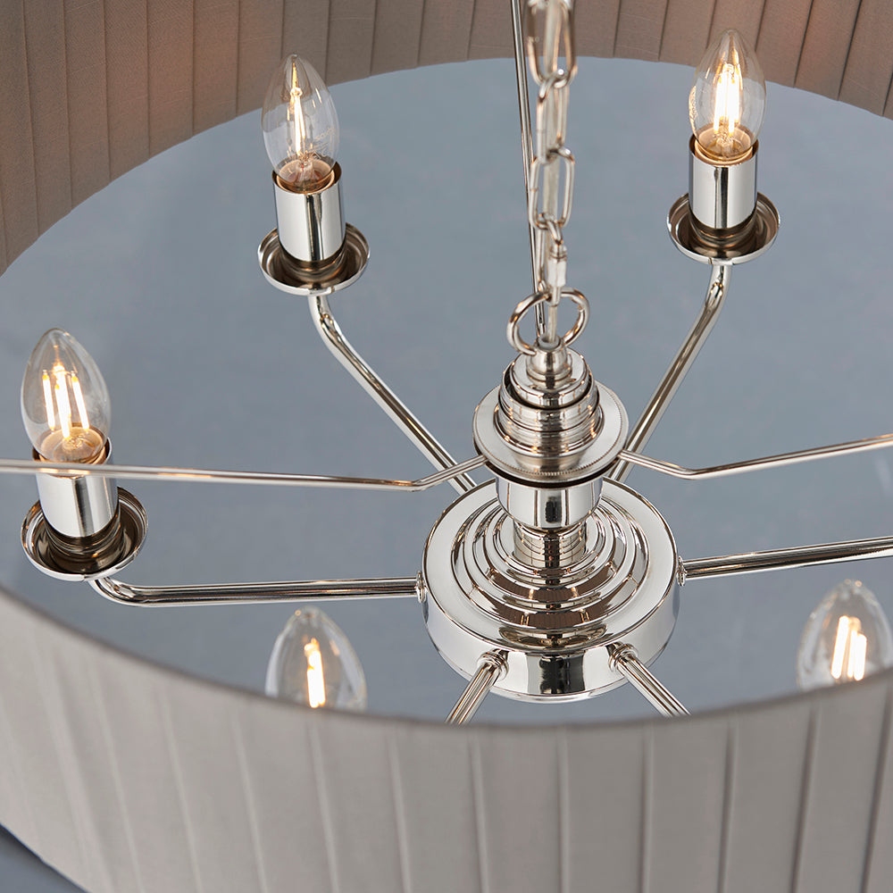 Endon Lighting 94397 Highclere 6Lt Pendant Bright Nickel Plate & Charcoal Fabric