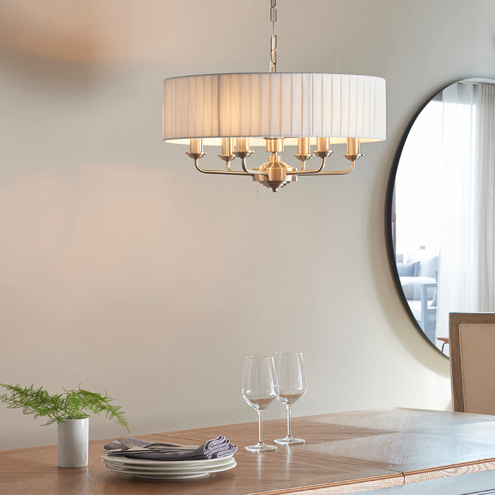 Endon Lighting 94399 Highclere 6Lt Pendant Brushed Chrome Plate & Vintage White Fabric