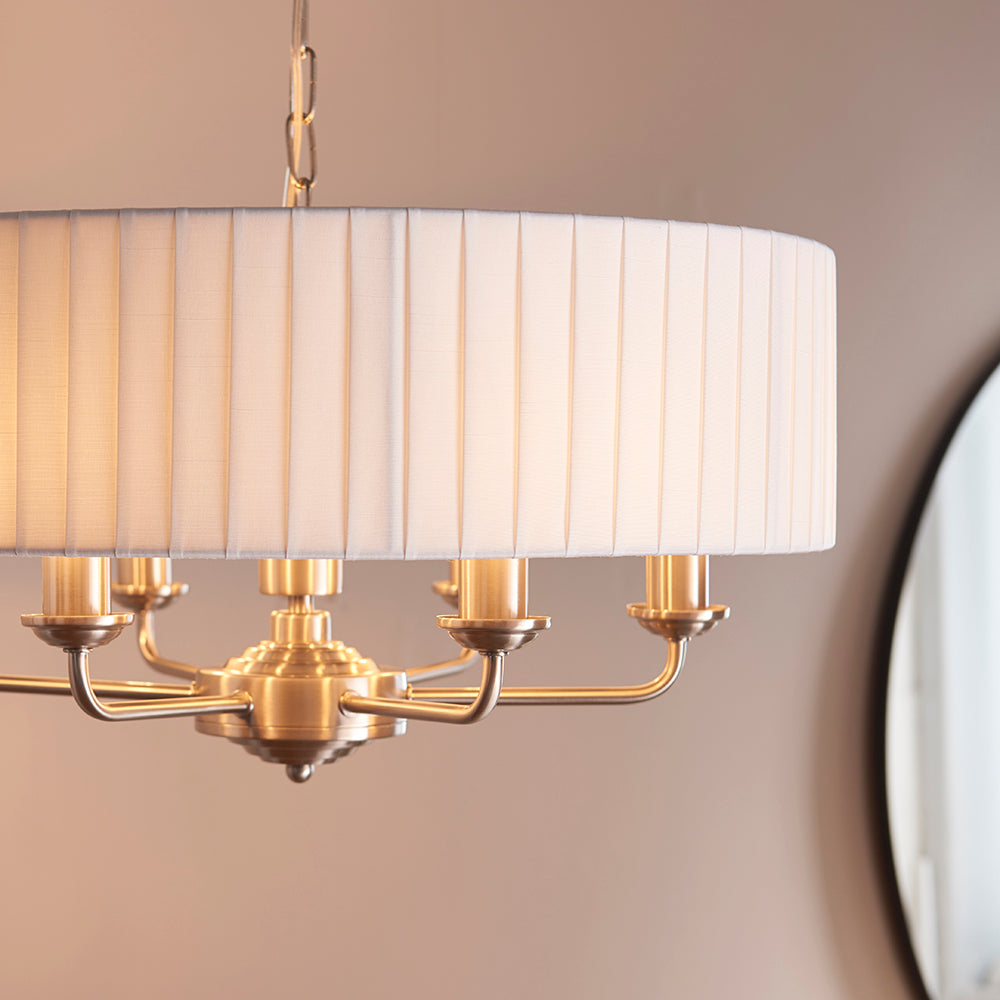 Endon Lighting 94399 Highclere 6Lt Pendant Brushed Chrome Plate & Vintage White Fabric