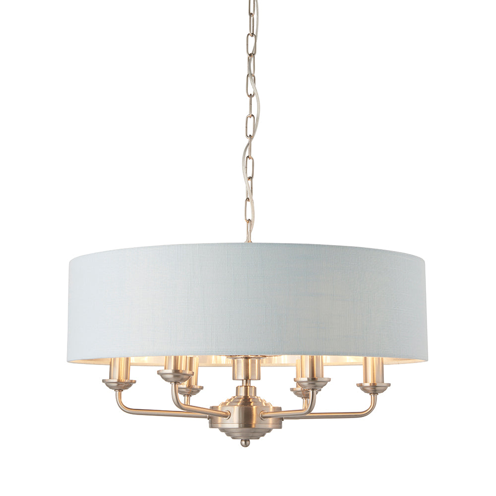 Endon Lighting 94400 Highclere 6Lt Pendant Brushed Chrome Plate & Duck Egg Fabric